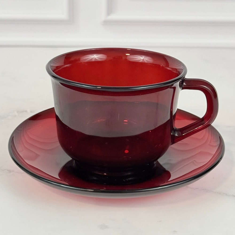 VTG Arcoroc France Classique Ruby Red Glass Teacup and Saucer Set MINT!
